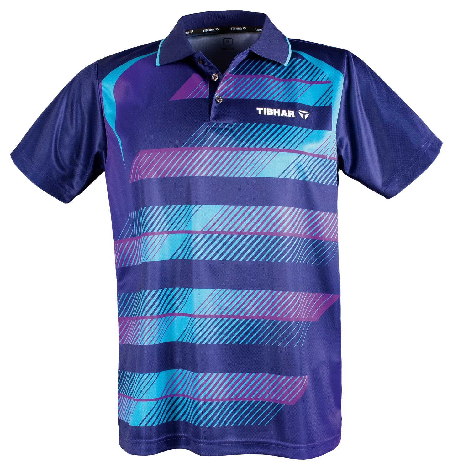 TTM-Store Tibhar FRAME table tennis polo shirt in purple, blue, and pink with striped pattern and short sleeves.