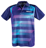 TTM-Store Tibhar FRAME table tennis polo shirt in purple, blue, and pink with striped pattern and short sleeves.
