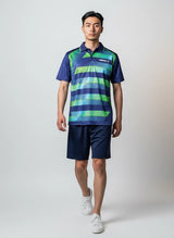 TTM-Store Tibhar FRAME men's navy blue, green, and blue striped polo shirt and shorts set made of polyester.