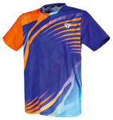 TTM-Store Tibhar Heaven blue and orange short-sleeve polyester-elastane table tennis shirt with V-neck.
