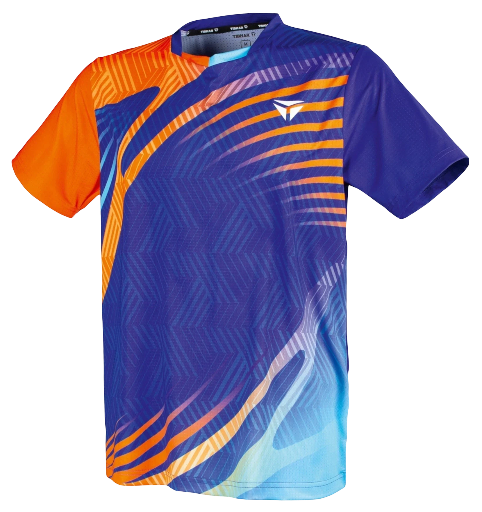 TTM-Store Tibhar Heaven blue and orange short-sleeve polyester-elastane table tennis shirt with V-neck.