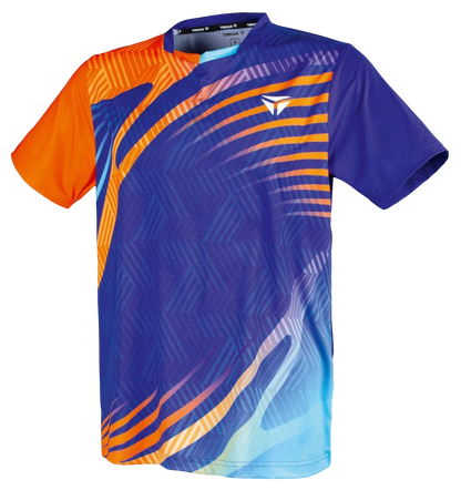 TTM-Store Tibhar Heaven blue and orange short-sleeve polyester-elastane table tennis shirt with V-neck.