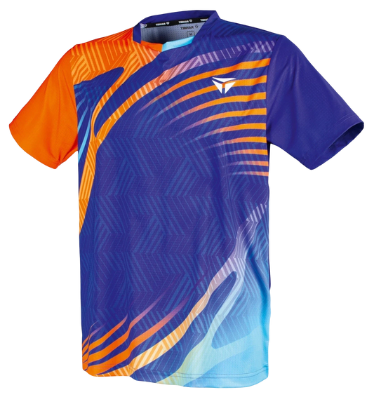 TTM-Store Tibhar Heaven blue and orange short-sleeve polyester-elastane table tennis shirt with V-neck.