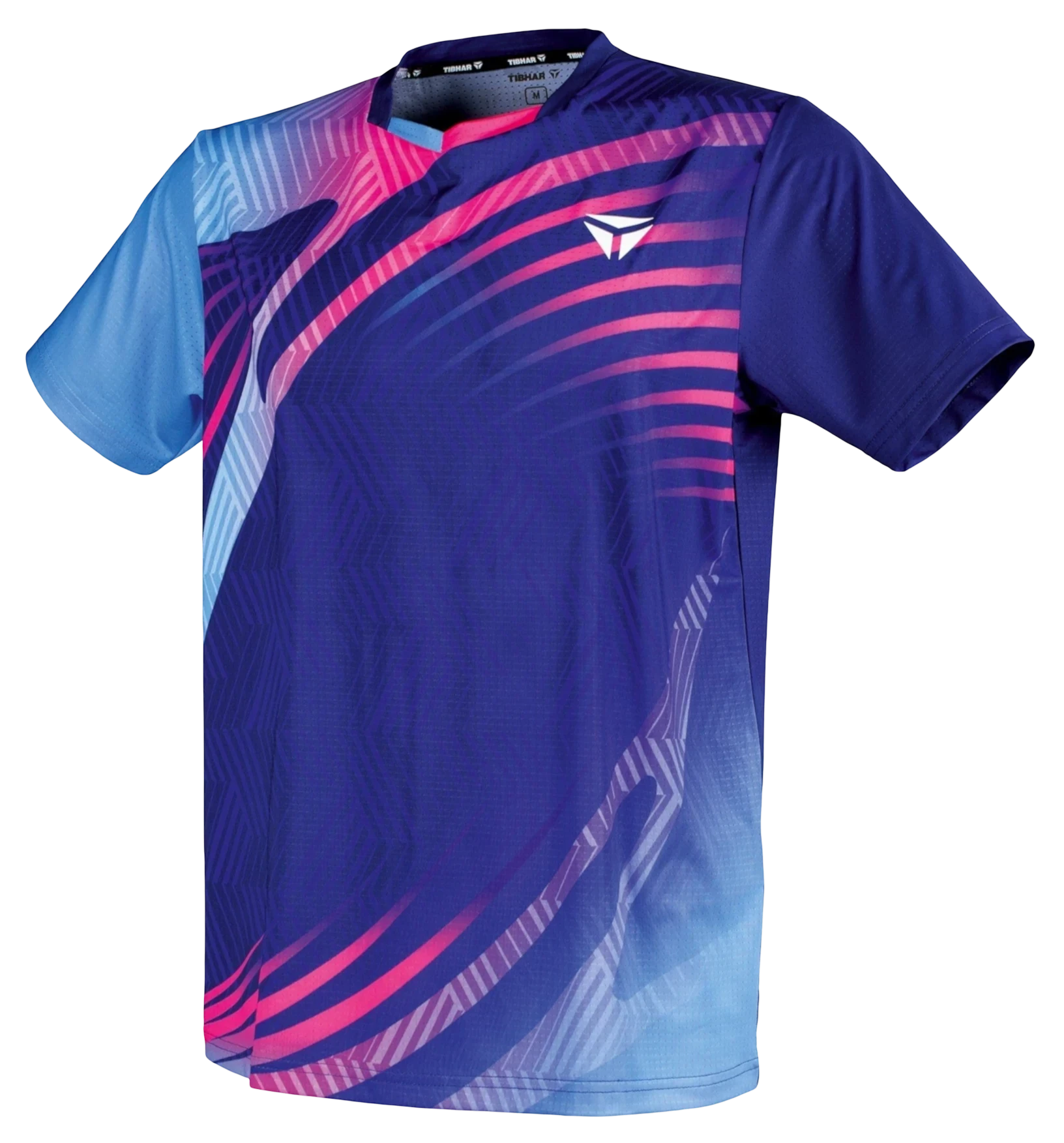TTM-Store Tibhar Heaven blue and pink polyester-elastane t-shirt with V-neck and abstract pattern