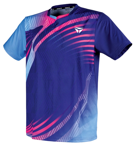 TTM-Store Tibhar Heaven blue and pink polyester-elastane t-shirt with V-neck and abstract pattern
