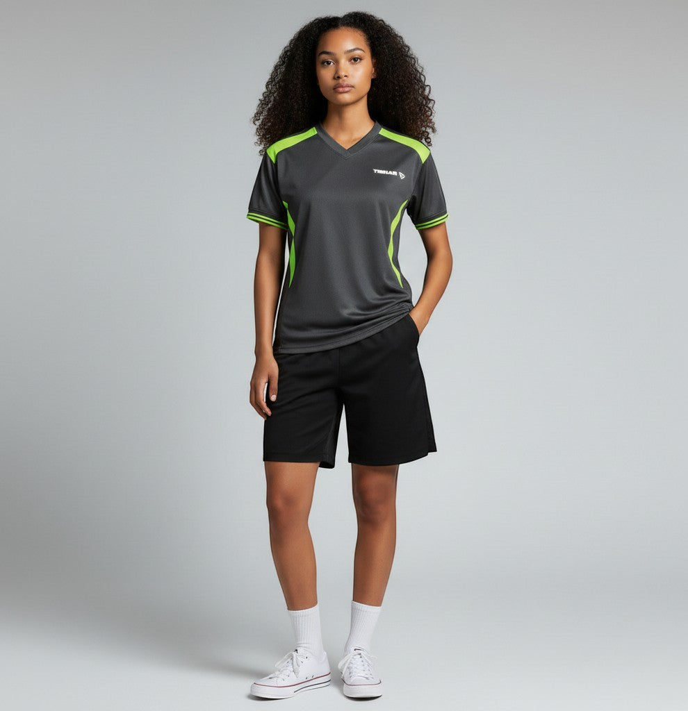 TTM-Store Tibhar Kosmos Lady Tischtennis-Hemd in Schwarz-Grün mit V-Ausschnitt und atmungsaktivem Polyester-Material