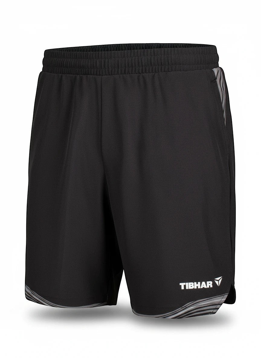 TTM-Store Tibhar L2 River black polyester-elastane table tennis shorts with grey accents and elastic waistband.