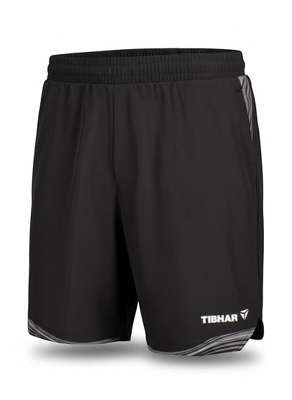 TTM-Store Tibhar L2 River black polyester-elastane table tennis shorts with grey accents and elastic waistband.
