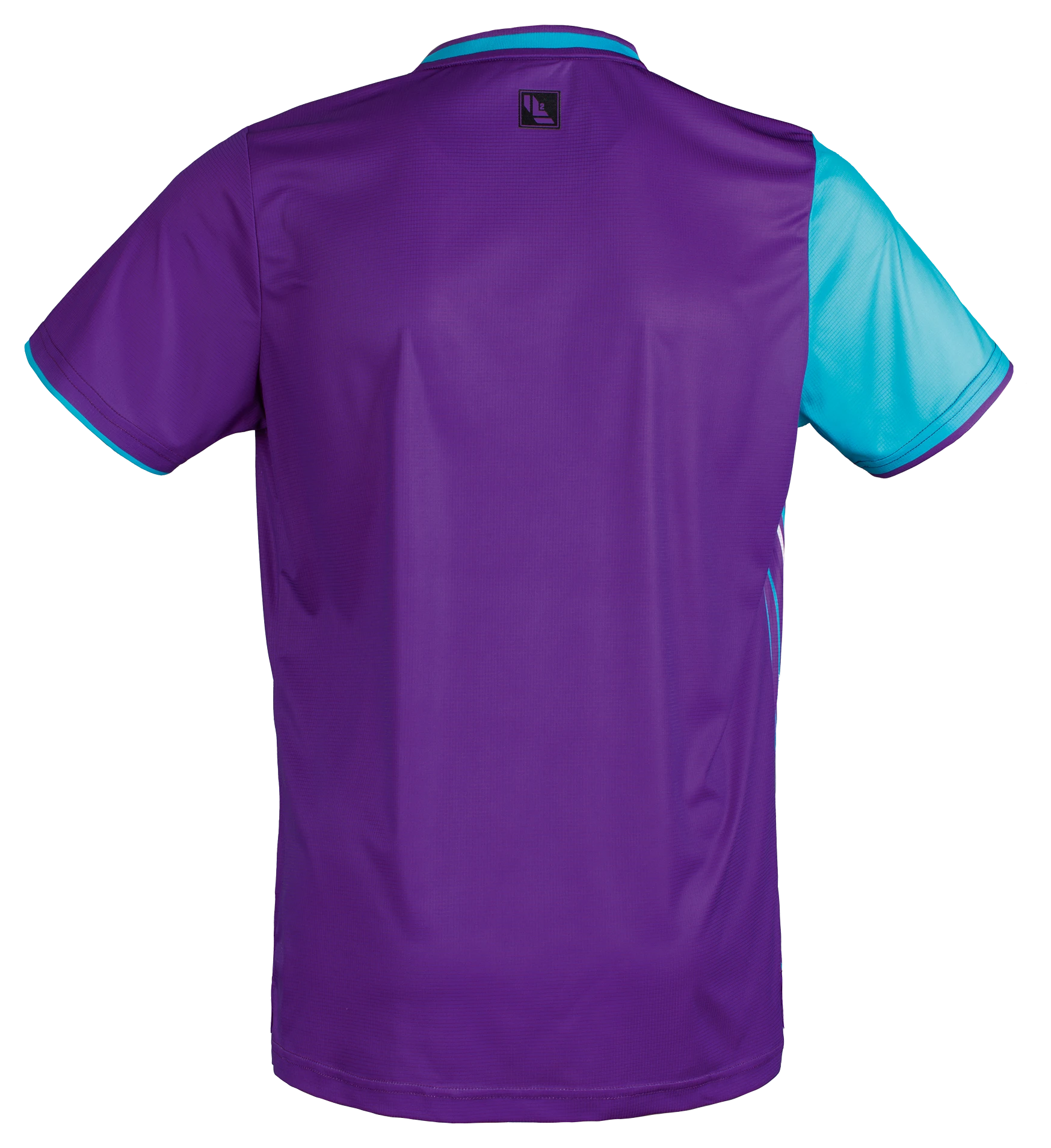 TTM-Store Tibhar L2 River purple polyester table tennis shirt with turquoise accents and short sleeves.