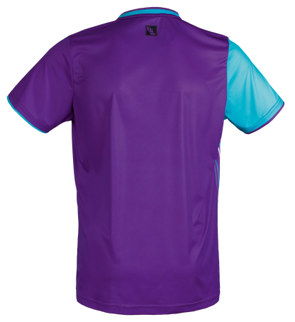 TTM-Store Tibhar L2 River purple polyester table tennis shirt with turquoise accents and short sleeves.