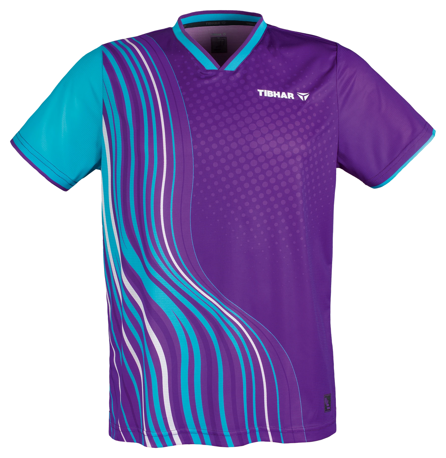 TTM-Store Tibhar L2 River purple and turquoise polyester table tennis shirt with V-neck and wave design.