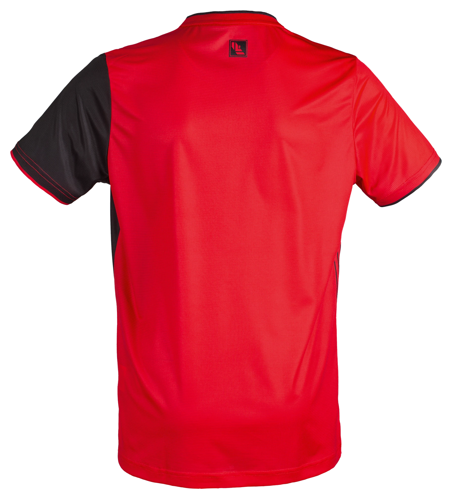 TTM-Store Tibhar L2 River red and black polyester table tennis shirt with short sleeves and a V-neck.
