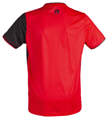 TTM-Store Tibhar L2 River red and black polyester table tennis shirt with short sleeves and a V-neck.