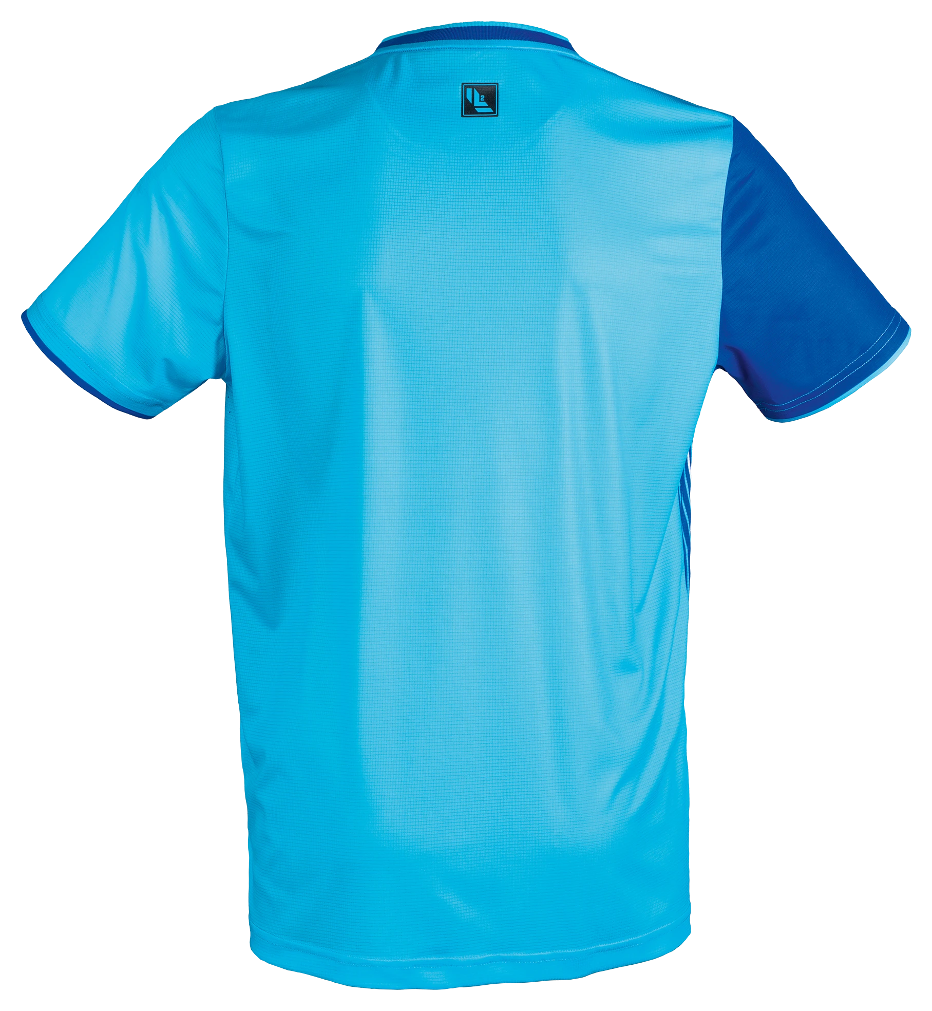 TTM-Store Tibhar L2 River table tennis shirt in light blue and royal blue, 100% polyester, lightweight, flexible, ergonomic cut.