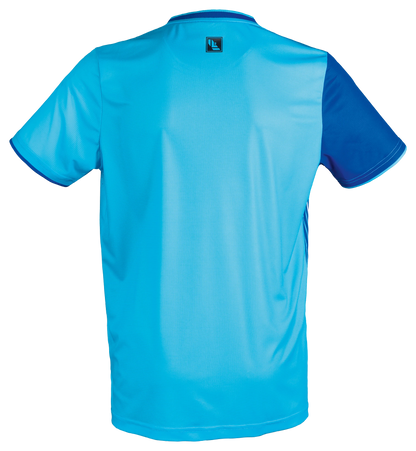 TTM-Store Tibhar L2 River table tennis shirt in light blue and royal blue, 100% polyester, lightweight, flexible, ergonomic cut.