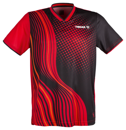 TTM-Store Tibhar L2 River table tennis shirt in black and red with a dynamic wave and dot pattern. Short sleeves, V-neck.