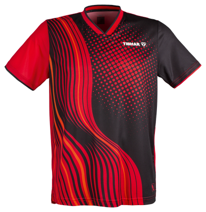 TTM-Store Tibhar L2 River table tennis shirt in black and red with a V-neck and dynamic wave pattern. 100% polyester.