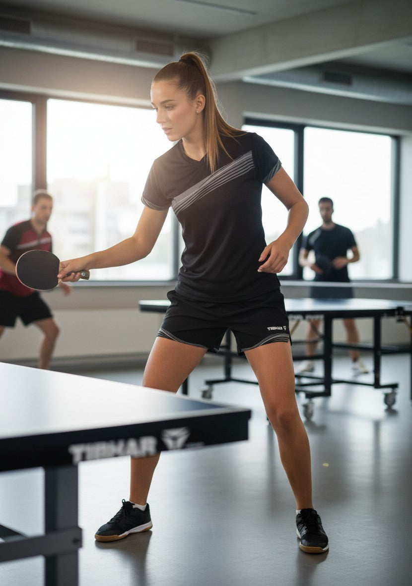 TTM-Store Tibhar L2 River black and grey polyester-elastane table tennis shorts with elastic waistband and side slits.