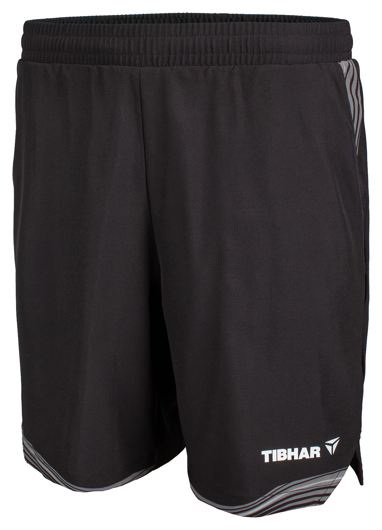 TTM-Store Tibhar L2 River black and grey polyester-elastane table tennis shorts with elastic waistband and side slits.
