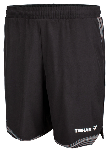 TTM-Store Tibhar L2 River black and grey polyester-elastane table tennis shorts with elastic waistband and side slits.