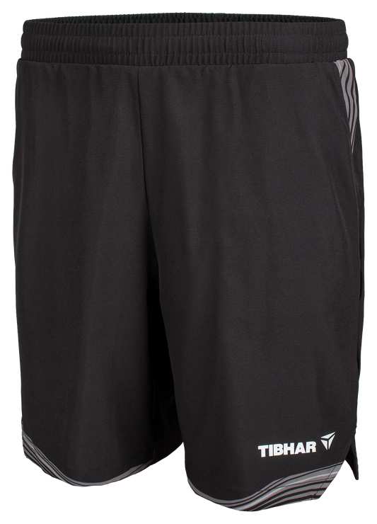 TTM-Store Tibhar L2 River black and grey polyester-elastane table tennis shorts with elastic waistband and side slits.