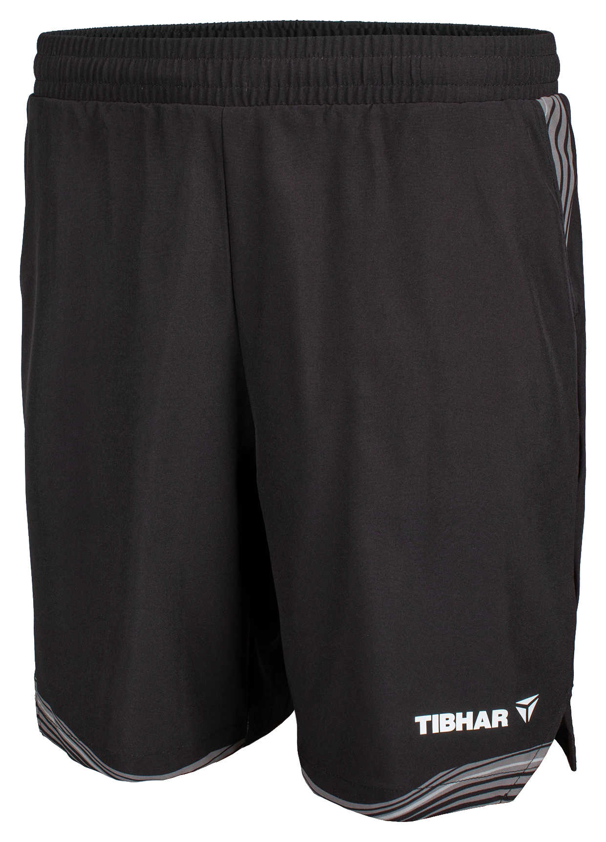 TTM-Store Tibhar L2 River black polyester-elastane table tennis shorts with grey accents and elastic waistband.
