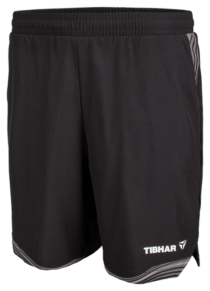 TTM-Store Tibhar L2 River black polyester-elastane table tennis shorts with grey accents and elastic waistband.