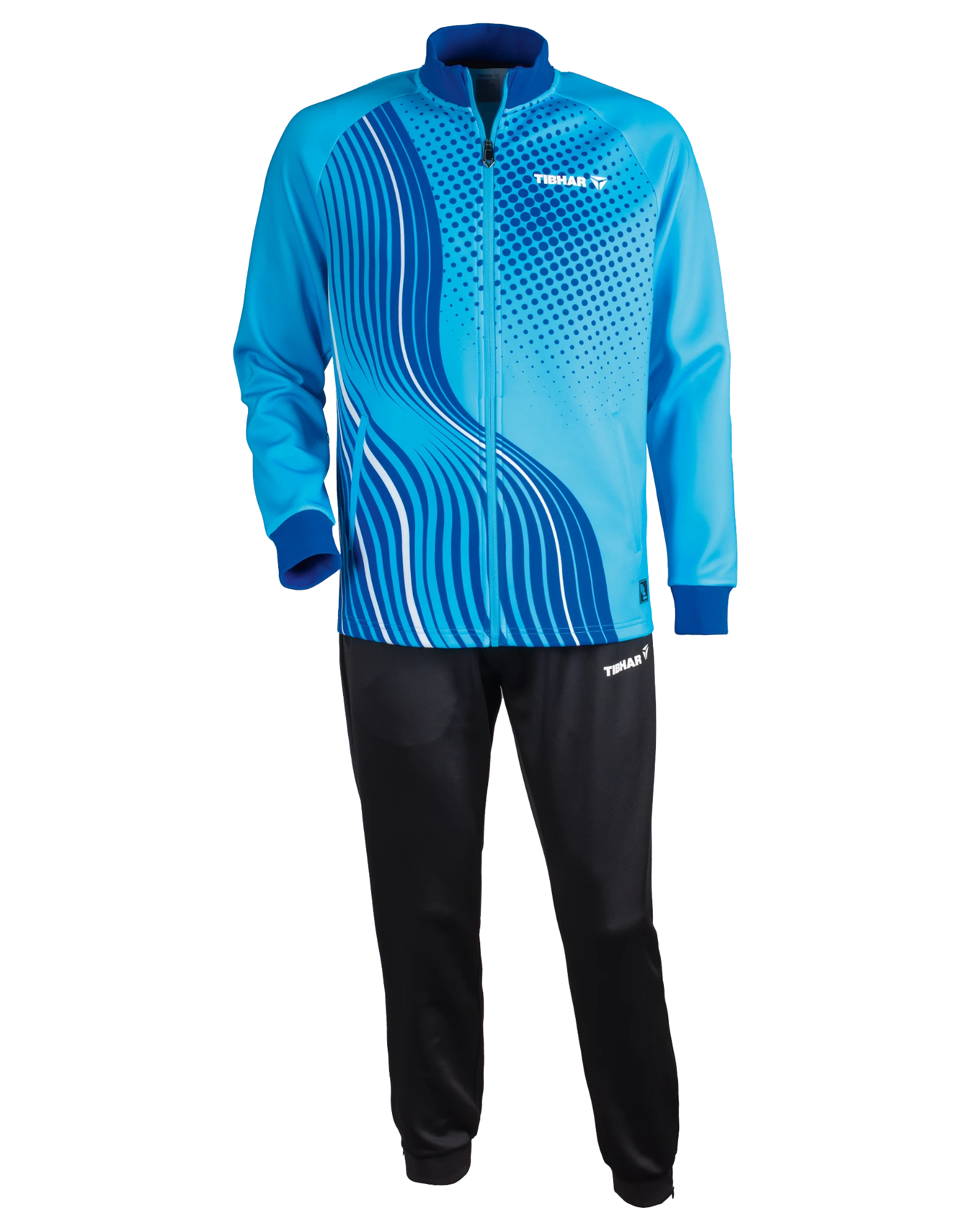 TTM-Store Tibhar L2 River tracksuit in turquoise and blue with abstract wave pattern. Polyester/elastane blend.