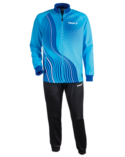 TTM-Store Tibhar L2 River tracksuit in turquoise and blue with abstract wave pattern. Polyester/elastane blend.