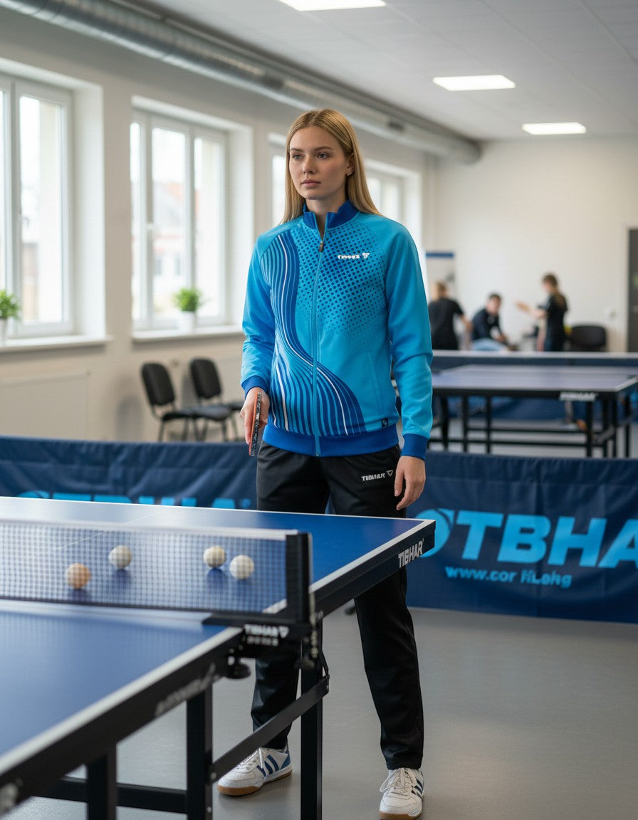 TTM-Store turquoise Tibhar L2 River training tracksuit with jacket and pants, made of polyester and elastane, for table tennis.