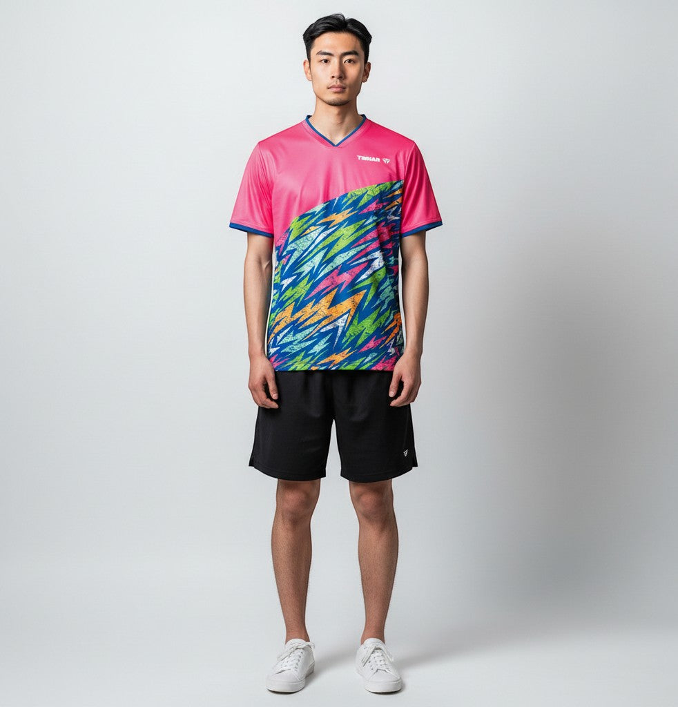 TTM-Store Tibhar L2 Underbrush pink polyester t-shirt with V-neck and abstract blue, green, and yellow lightning print