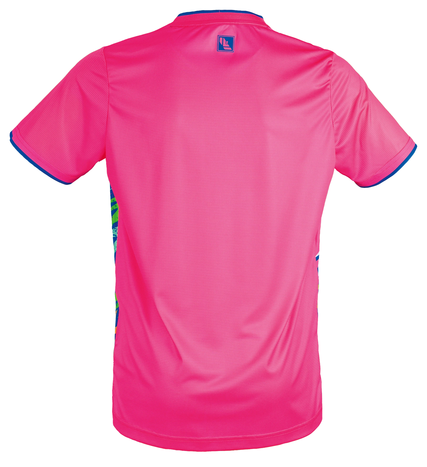 TTM-Store Tibhar L2 Underbrush pink polyester table tennis shirt with blue trim and abstract side panels.