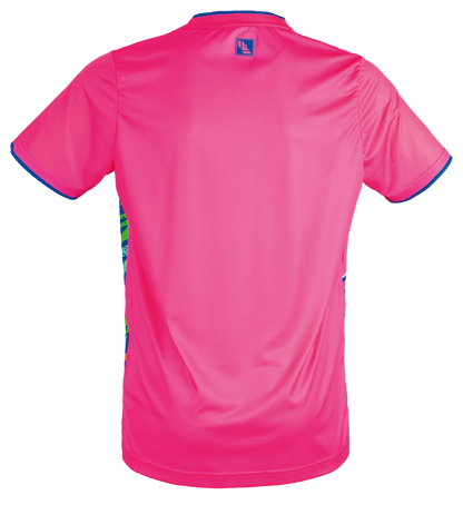 TTM-Store Tibhar L2 Underbrush pink polyester table tennis shirt with blue trim and abstract side panels.
