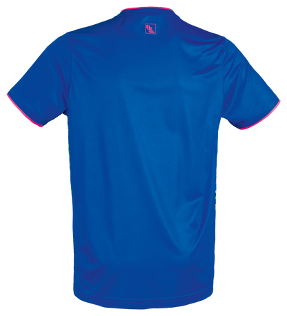 TTM-Store Tibhar L2 Underbrush royal blue polyester t-shirt with pink trim and V-neck. Designed for table tennis.