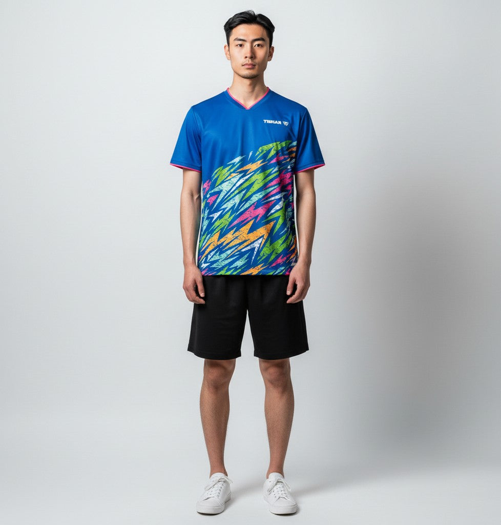 TTM-Store Tibhar L2 Underbrush royal blue polyester t-shirt with pink trim and abstract lightning bolt graphic.