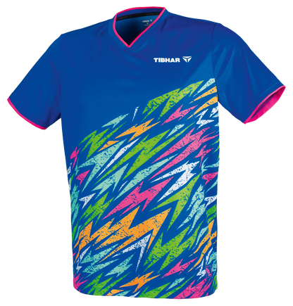 TTM-Store Tibhar L2 Underbrush royal blue polyester t-shirt with pink trim and abstract lightning bolt pattern.