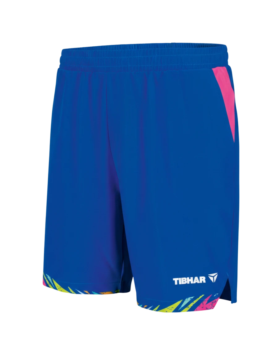 TTM-Store Tibhar L2 Underbrush royal blue polyester shorts with elastic waistband, side slits, and colorful abstract print trim.