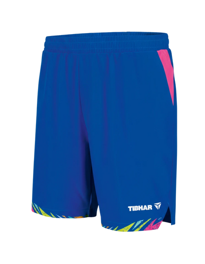 TTM-Store Tibhar L2 Underbrush royal blue polyester shorts with elastic waistband, side slits, and colorful abstract print trim.