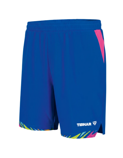 TTM-Store Tibhar L2 Underbrush royal blue polyester shorts with pink accents and abstract print hem. Elastic waistband and side slits.