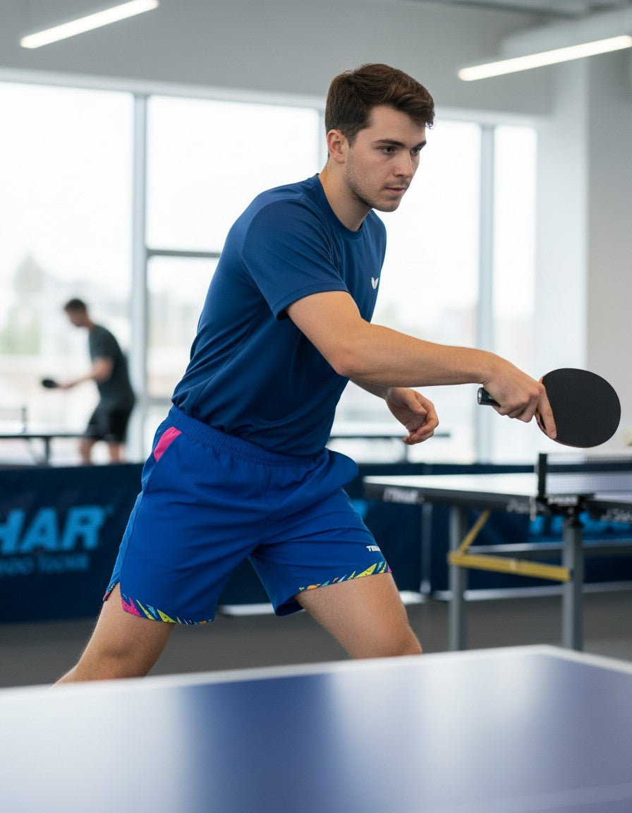 TTM-Store Tibhar L2 Underbrush royal blue polyester shorts with pink accents and graphic print hem. Loose fit with side slits.