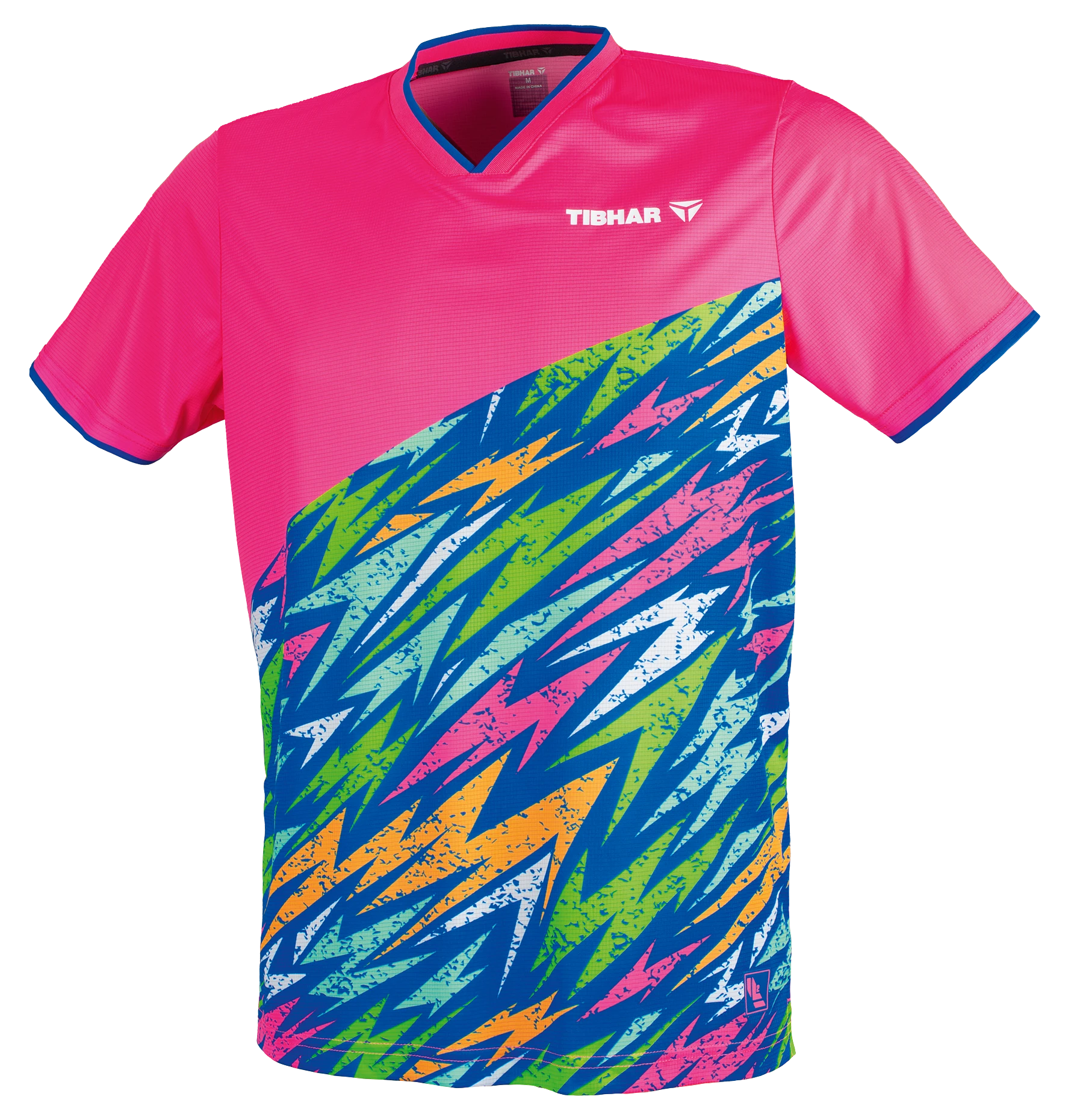 TTM-Store Tibhar L2 Underbrush pink and royal blue polyester table tennis shirt with abstract lightning print.