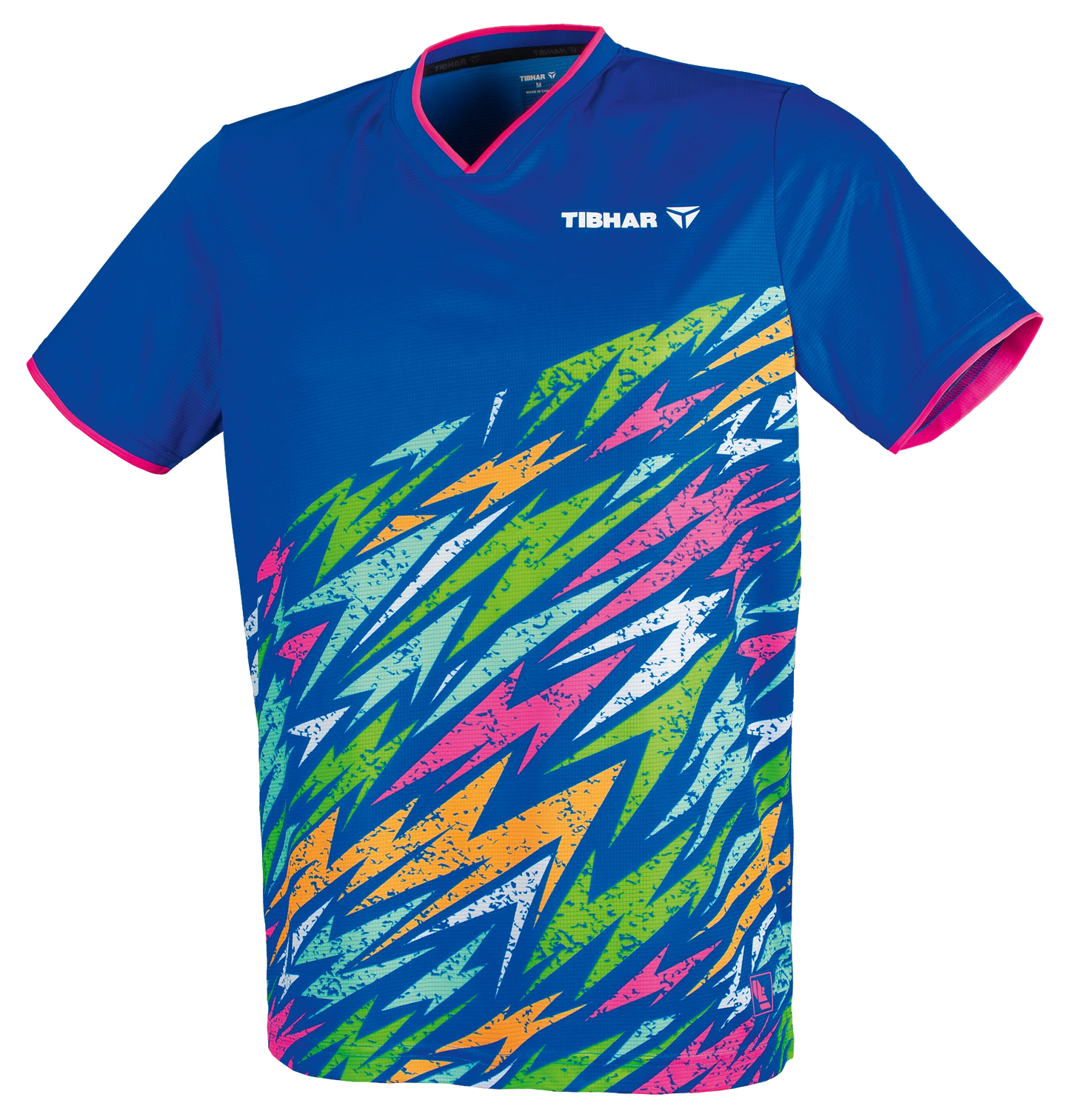 TTM-Store Tibhar L2 Underbrush royal blue polyester table tennis shirt with pink trim and abstract lightning bolt pattern.