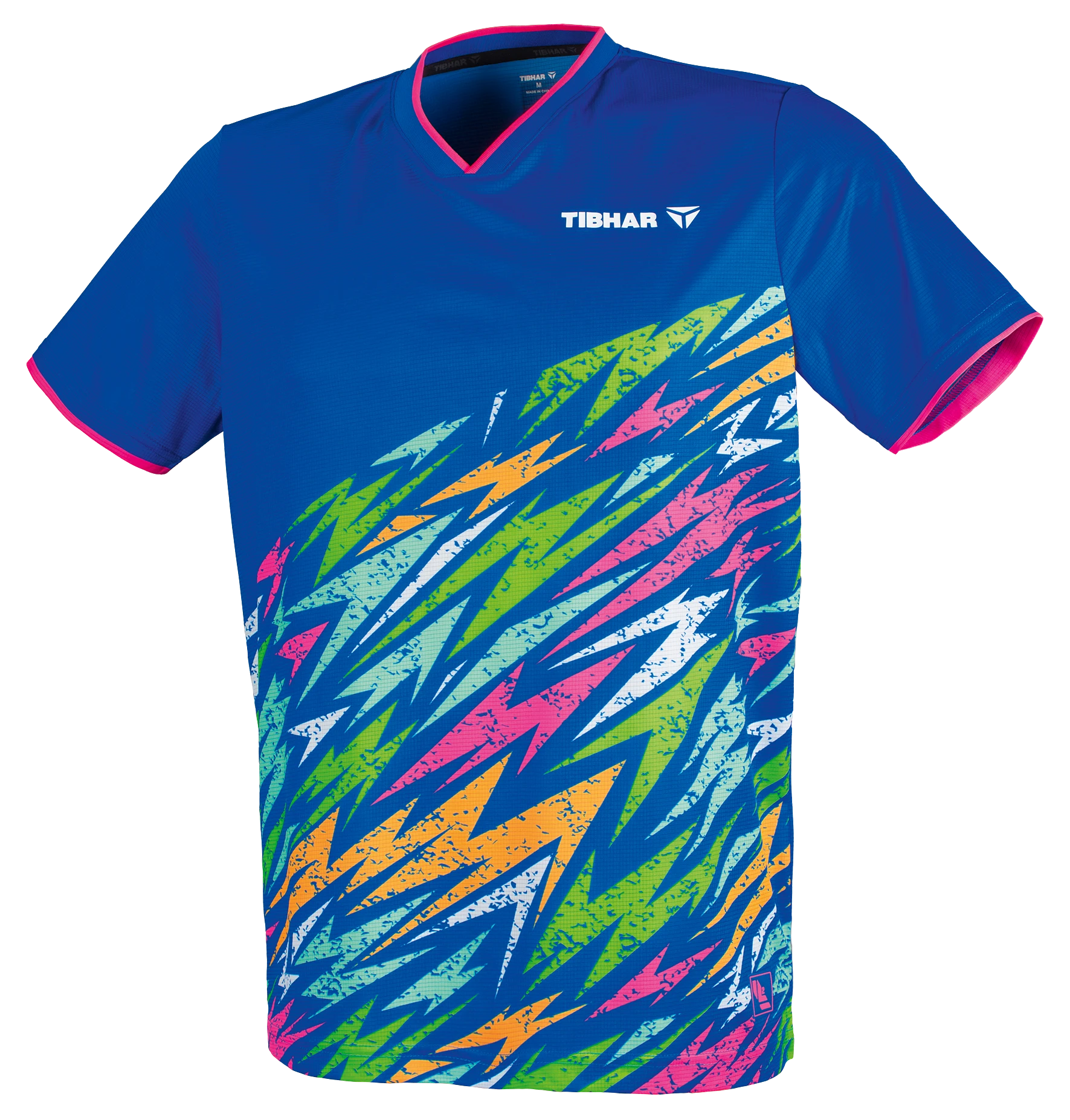 TTM-Store Tibhar L2 Underbrush royal blue polyester table tennis shirt with pink trim and abstract lightning bolt pattern.