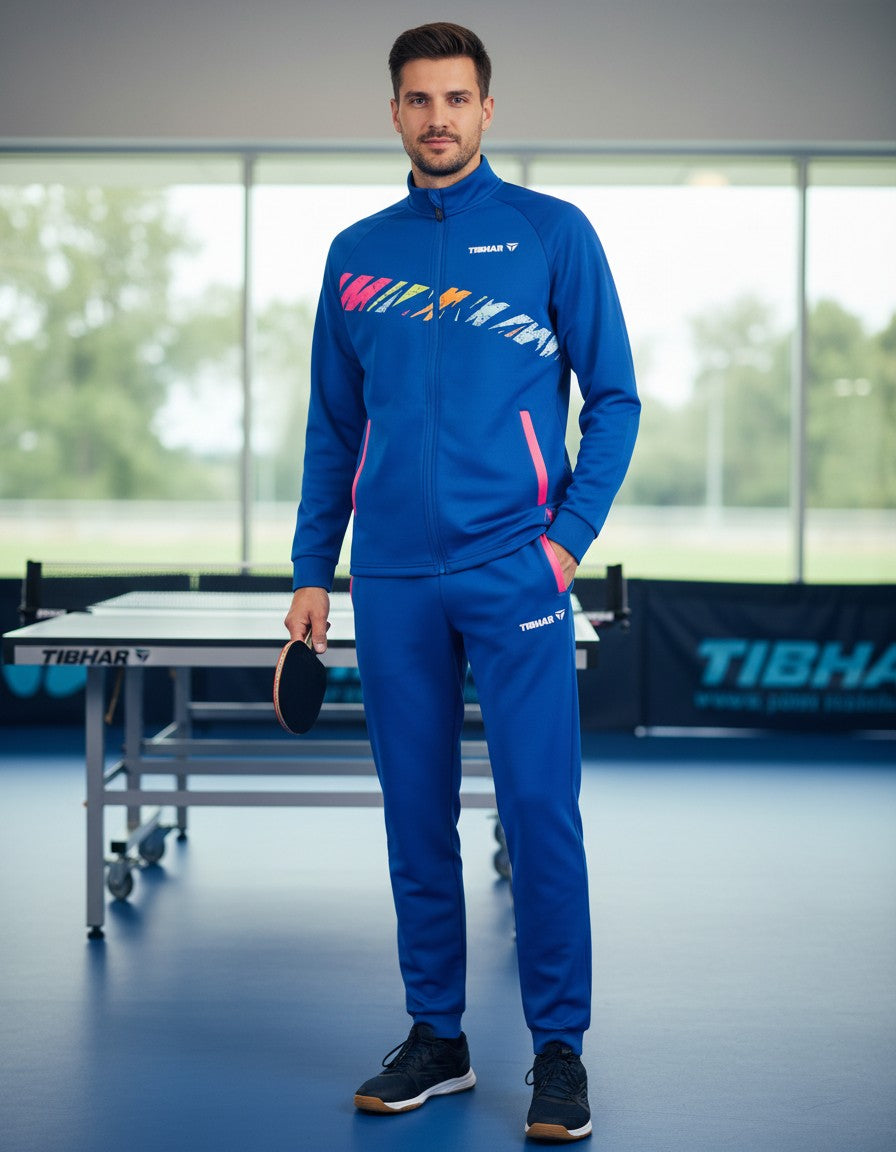 TTM-Store Tibhar L2 Underbrush royal blue and pink polyester blend training tracksuit with graphic detail.