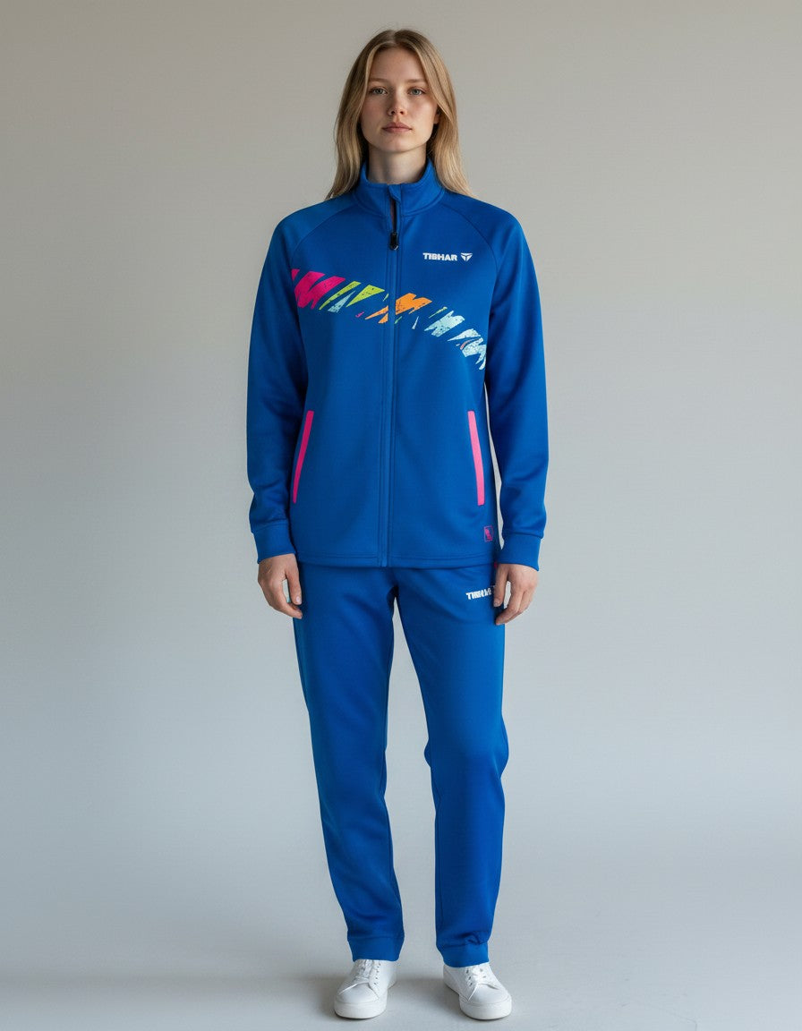 TTM-Store Tibhar L2 Underbrush royal blue and pink training tracksuit with graphic detail. Soft functional material.
