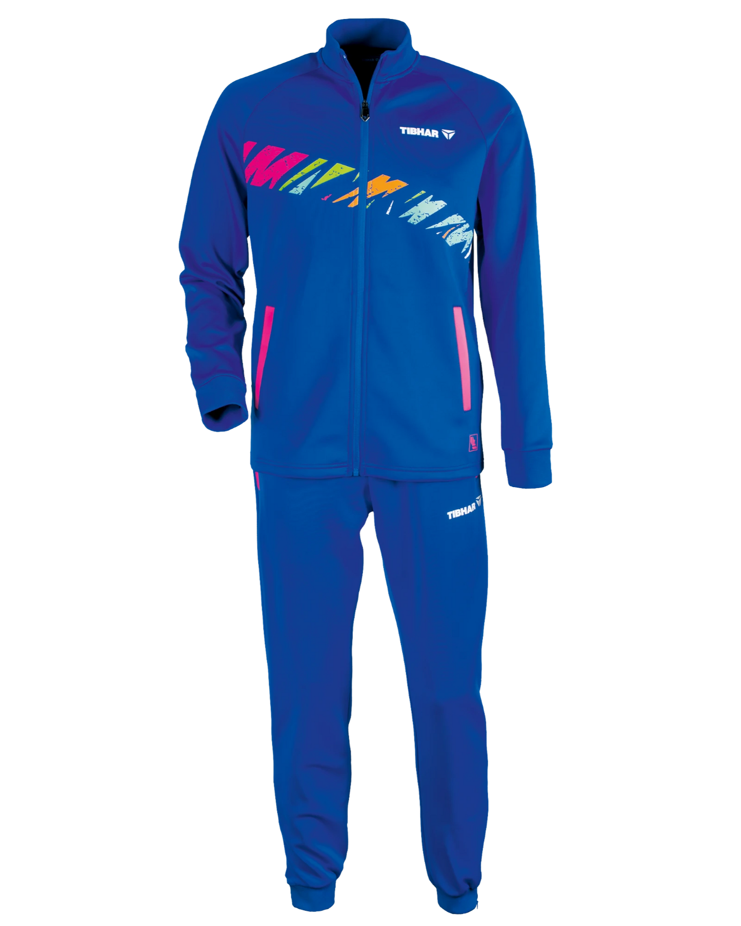 TTM-Store Tibhar L2 Underbrush royal blue and pink polyester training suit with graphic detail. Jacket and pants.