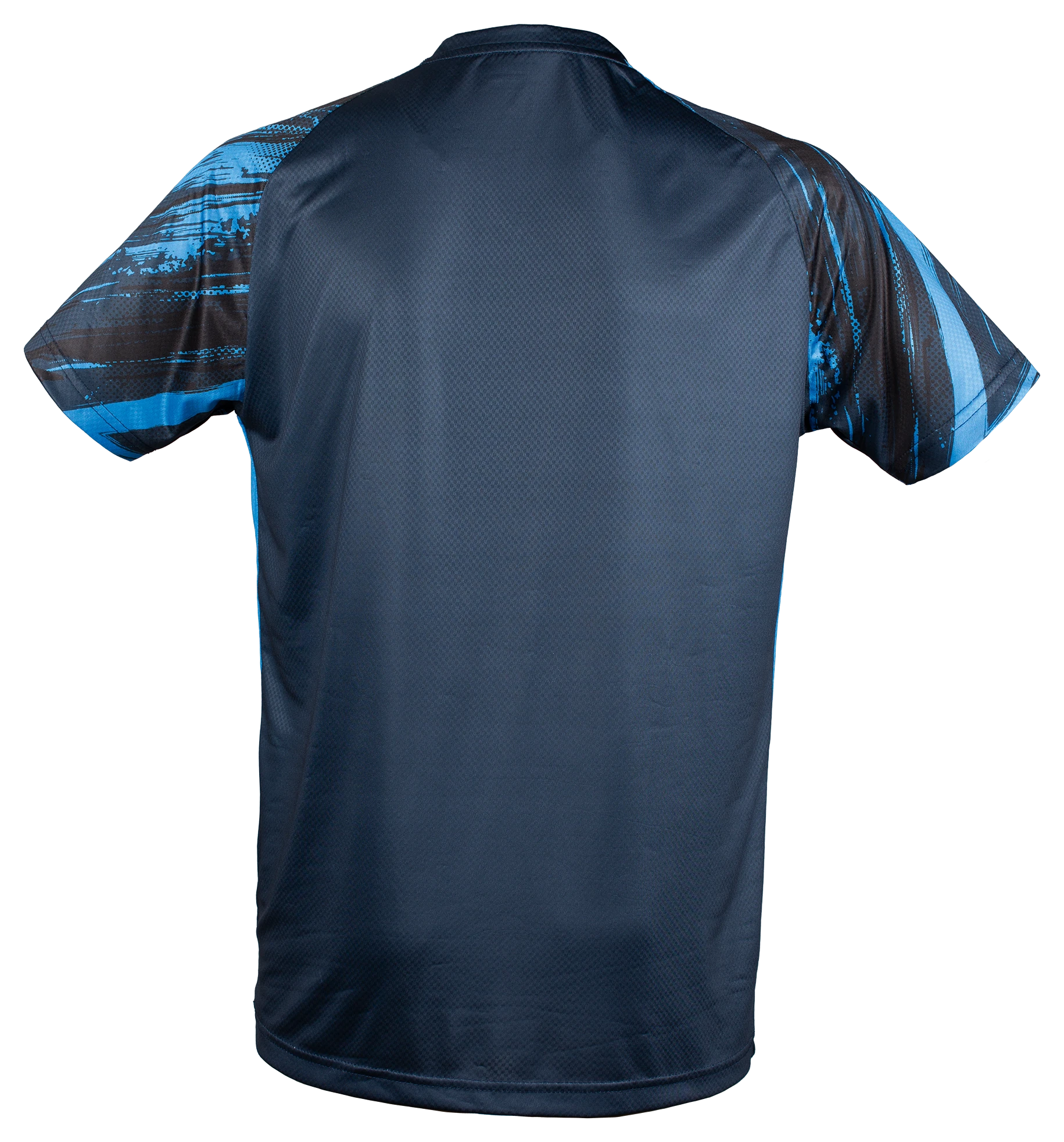 Tibhar Lebrun T-Shirt in Marineblau mit blau-schwarzem Grafikprint auf den Ärmeln. Leichtes Polyestergewebe.