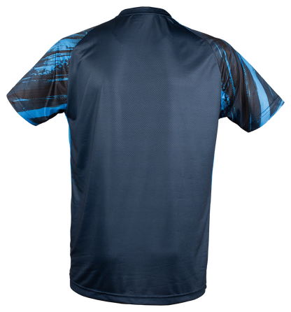 Tibhar Lebrun T-Shirt in Marineblau mit blau-schwarzem Grafikprint auf den Ärmeln. Leichtes Polyestergewebe.