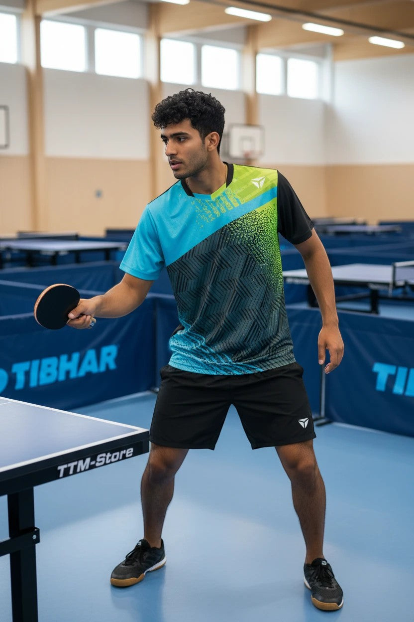 TTM-Store Tibhar PAINT polo shirt in turquoise and lime green with black sleeves, featuring a geometric pattern. Men's table tennis apparel.