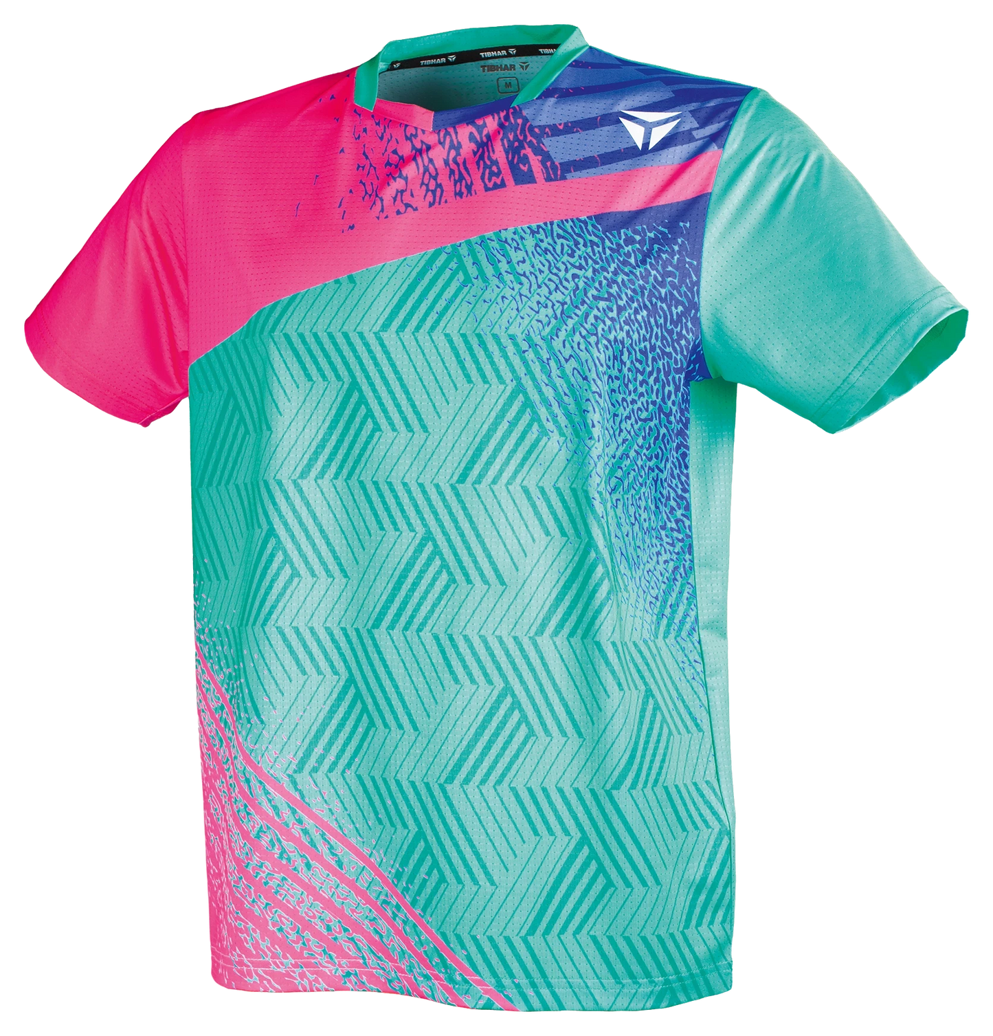TTM-Store Tibhar PAINT turquoise and pink polyester-elastane table tennis polo shirt with geometric pattern.